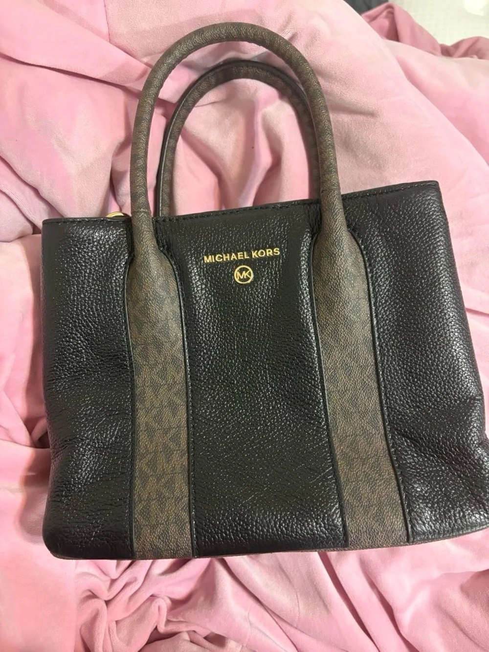 Michael Kors Black Leather Messenger Tote with Brown Logo Straps